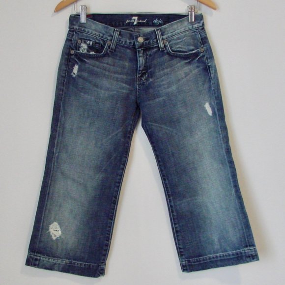 7 For All Mankind Dojo Cropped Capri Flare Leg Distressed Jeans Size 27 - Picture 2 of 15